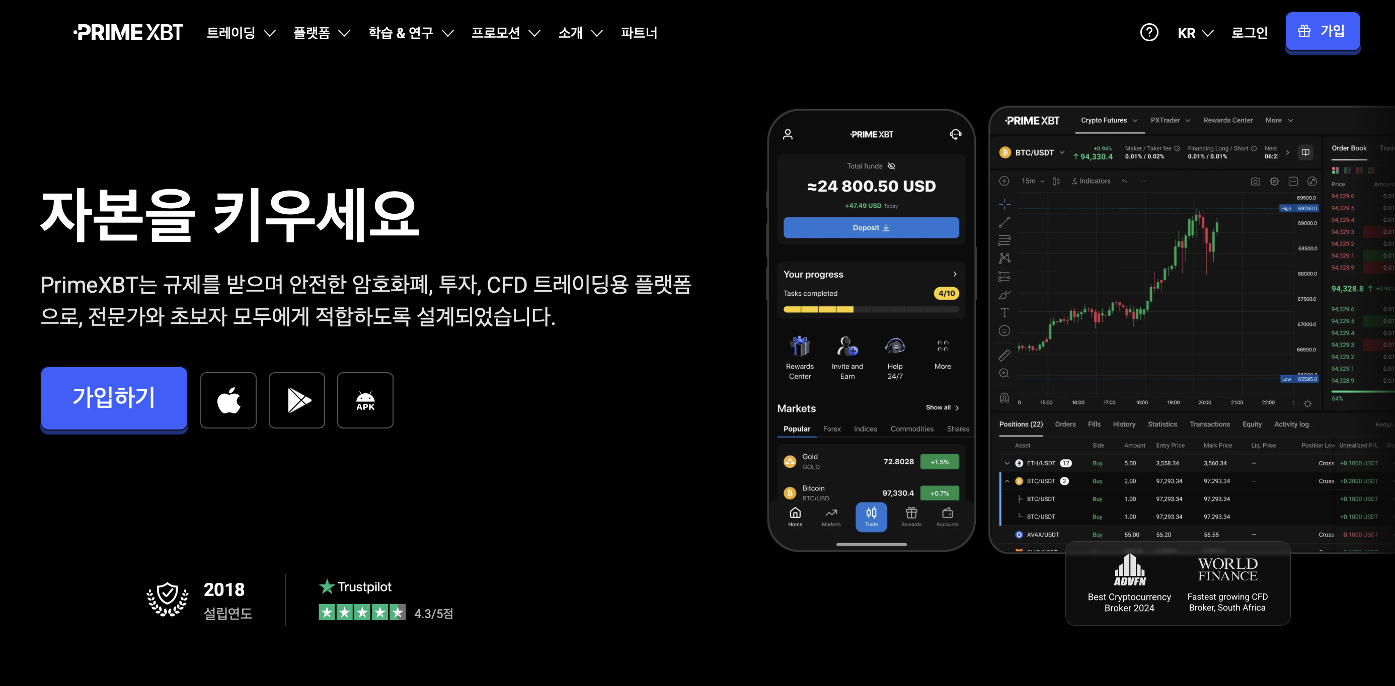 프라임XBT 선물 거래소 화면